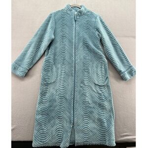 Stan Herman Robe Womens Sz PS Plush Terry Blue Wave Pattern Zip Front Pockets
